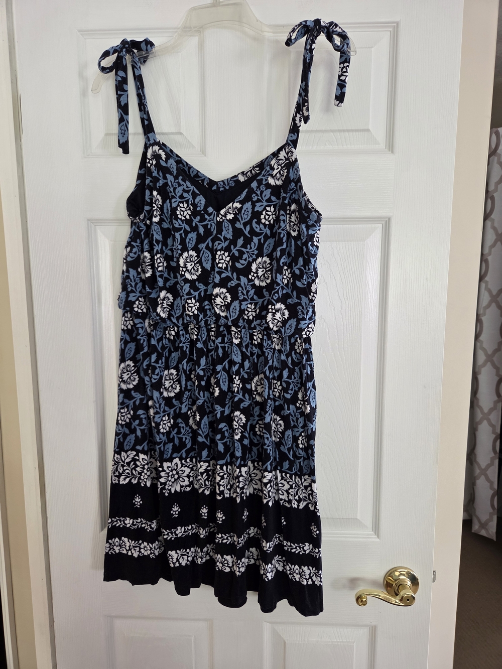 LOFT Navy Floral Tie-Shoulder Midi Dress with Light Blue Accents